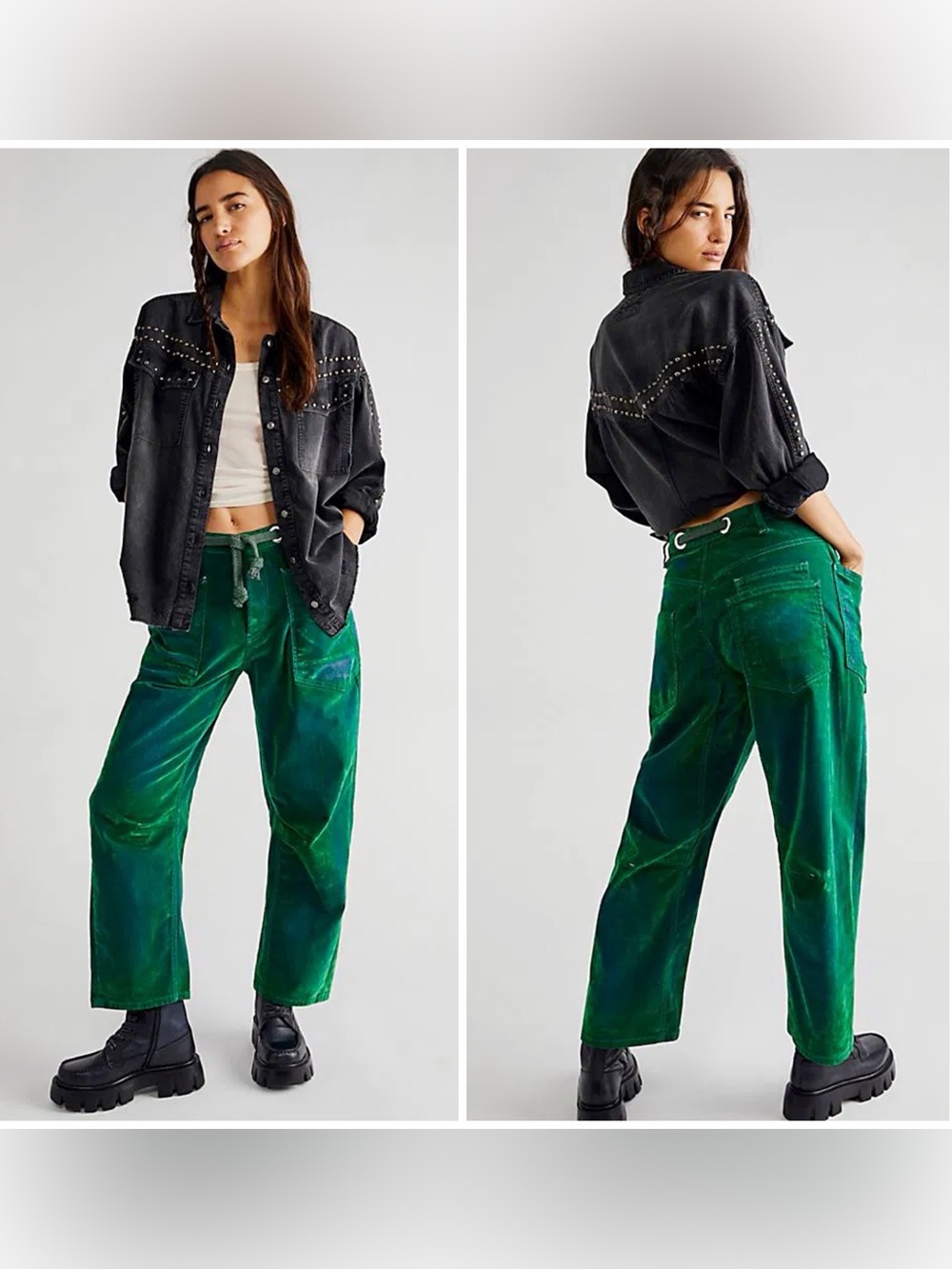 🦄 RARE FLOCKED GREEN We The Free People Moxie Barrel Jean SZ 28